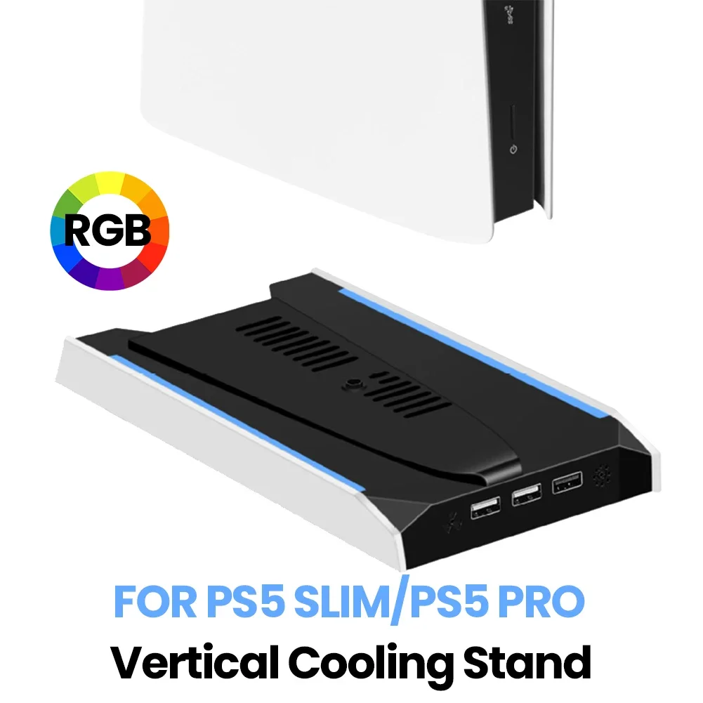 

Подставка RGB для PS5 Slim/PS5 Pro с 3 портами USB 2.0, вертикальный держатель, 8 режимов подсветки для игровых аксессуаров Sony Playstation 5