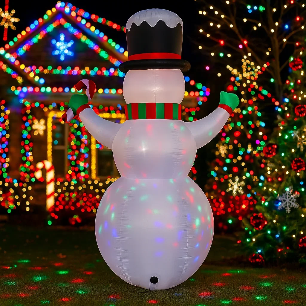 Pupazzo di neve di Natale gonfiabile da 2,4 M / 7,8FT con luci a bastoncino di zucchero Decorazioni per la casa a LED Decorazioni gonfiabili per esterni da giardino