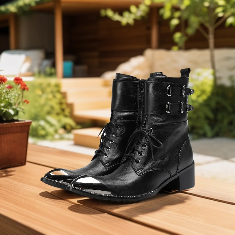 Schwarze Gürtelschnalle Weiches Leder Knöchel Herren Stiefel Westernstiefel Herren Spitzschuh Cowboy Schuhe Party Bota Masculina Herren, Große Größen – Detail 4