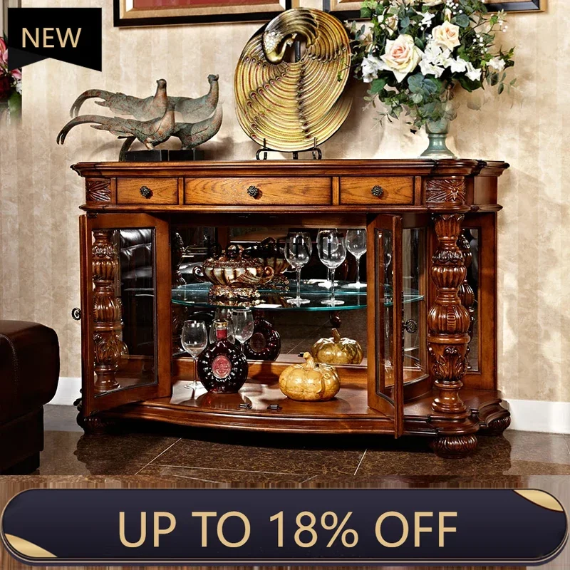 

P178 European Style Solid Wood Sideboard American Vintage Wine Cabinet Carved Wall Storage Cabinet for Home Use