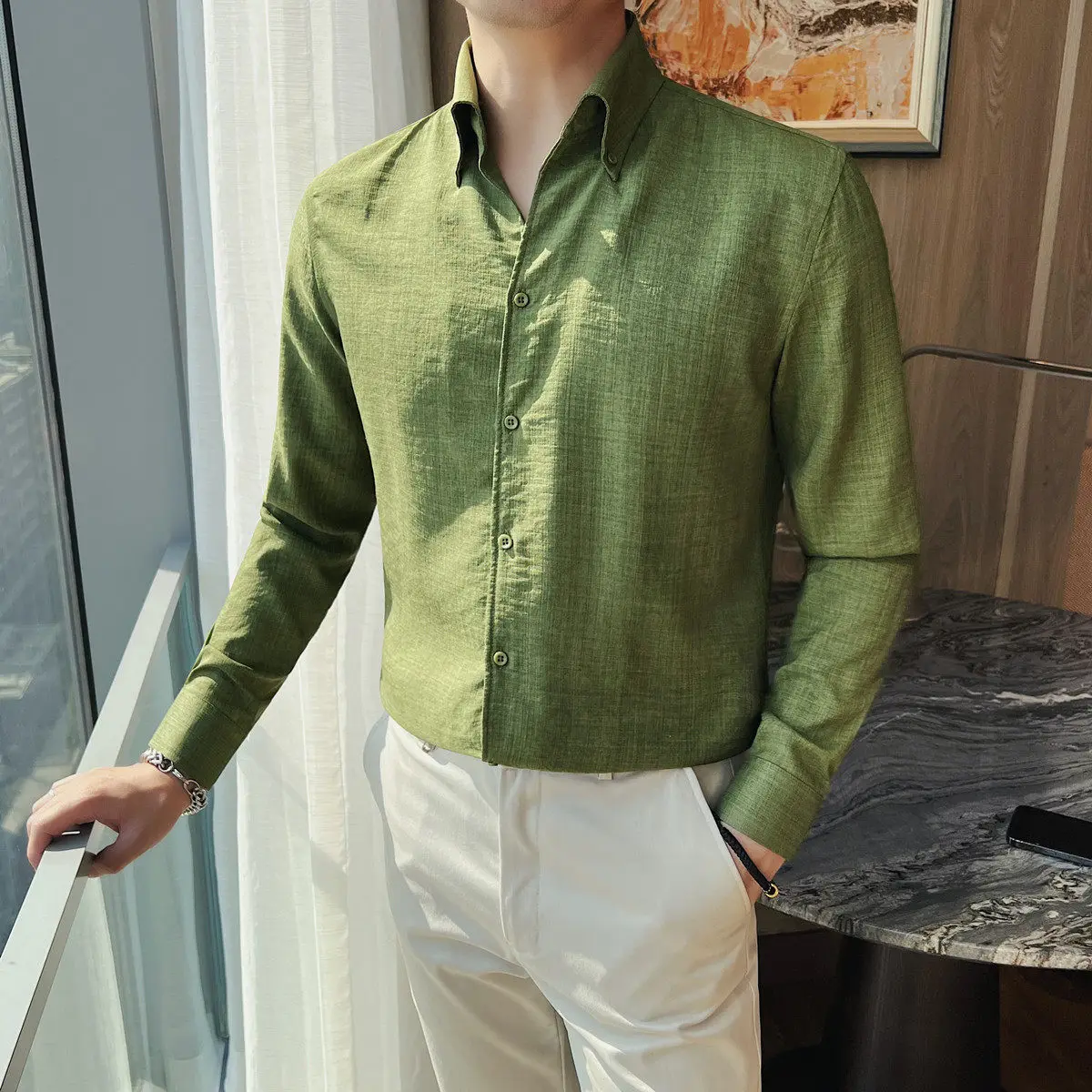 

2026 Spring Linen Long Sleeved Shirt Men's Lapel Breathable Comfortable Shirt Solid Color Casual Business Social Formal Shirts
