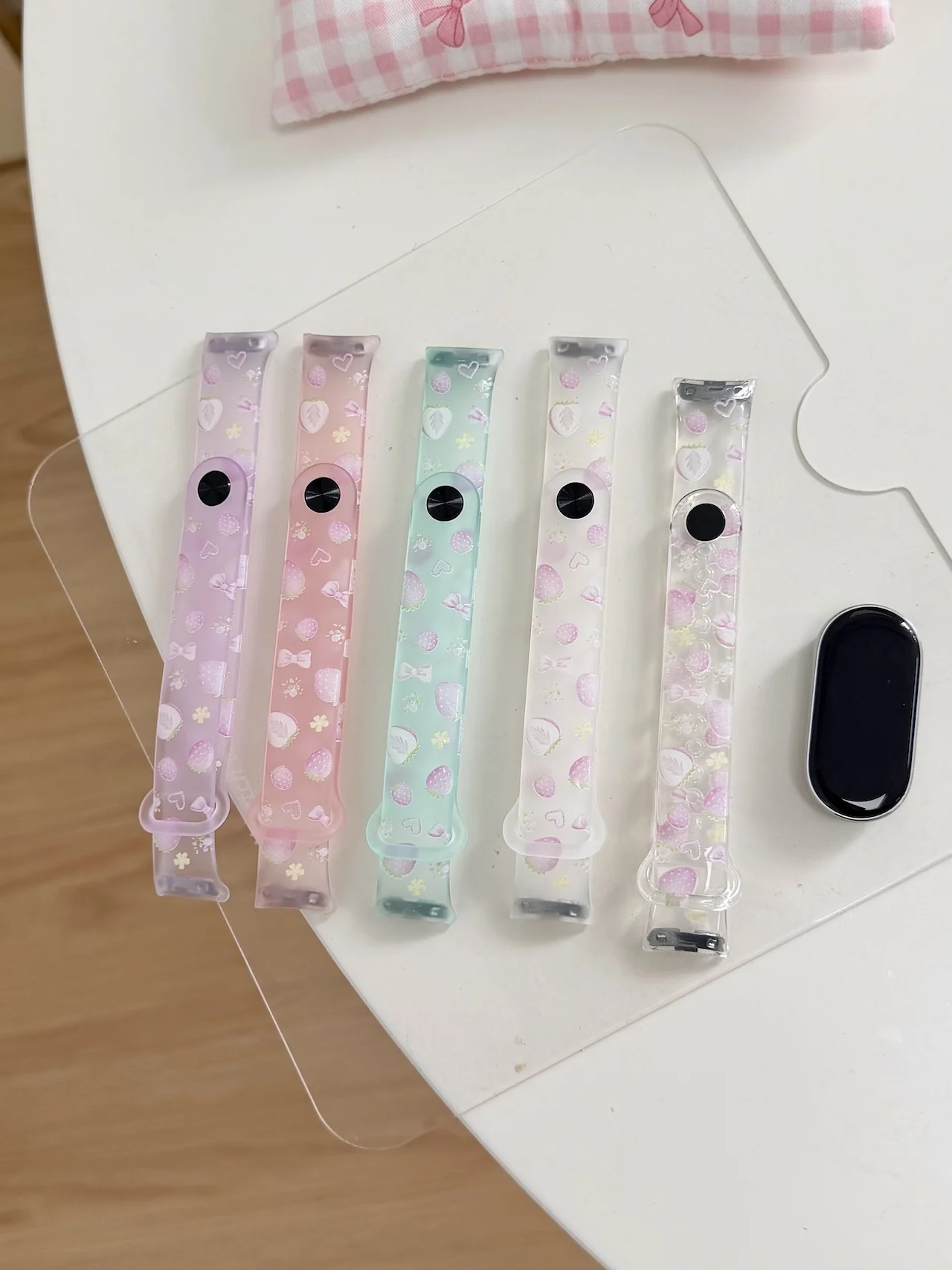 Super Cute Strawberry Bow Print TPU Strap Fit For Xiaomi Band 8 9 10 Transparent Pastel Soft Adjustable Smart Wrist Accessory