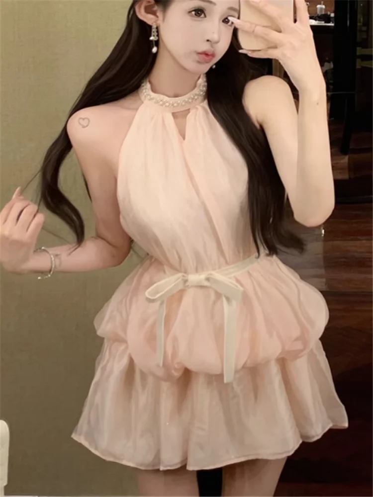 

Celebrity Girl Little Pink Birthday Party Dress Summer Halter Beads Hollow Short Cake Skirt Slim Ruffles Chiffon Mini Doll Dress