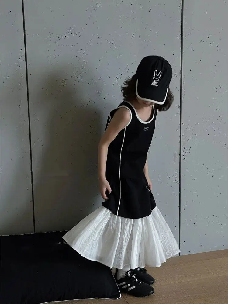 

Princess Style Sleeveless Long Dress for Girls Black Vest Dress Summer Fashionable Unique Beautiful Children's Clothing