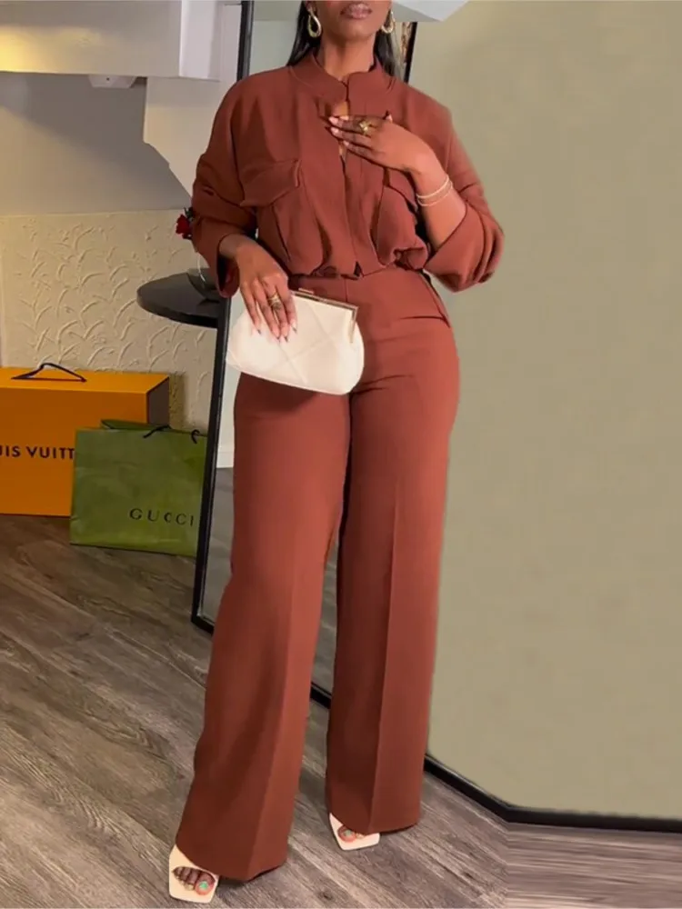 

Two Piece Pant Sets Women Wide Leg Trousers Solid V Neck Full Sleeved Tops Casual Pockets Sporty Autumn Commuting Pant Sets 2025