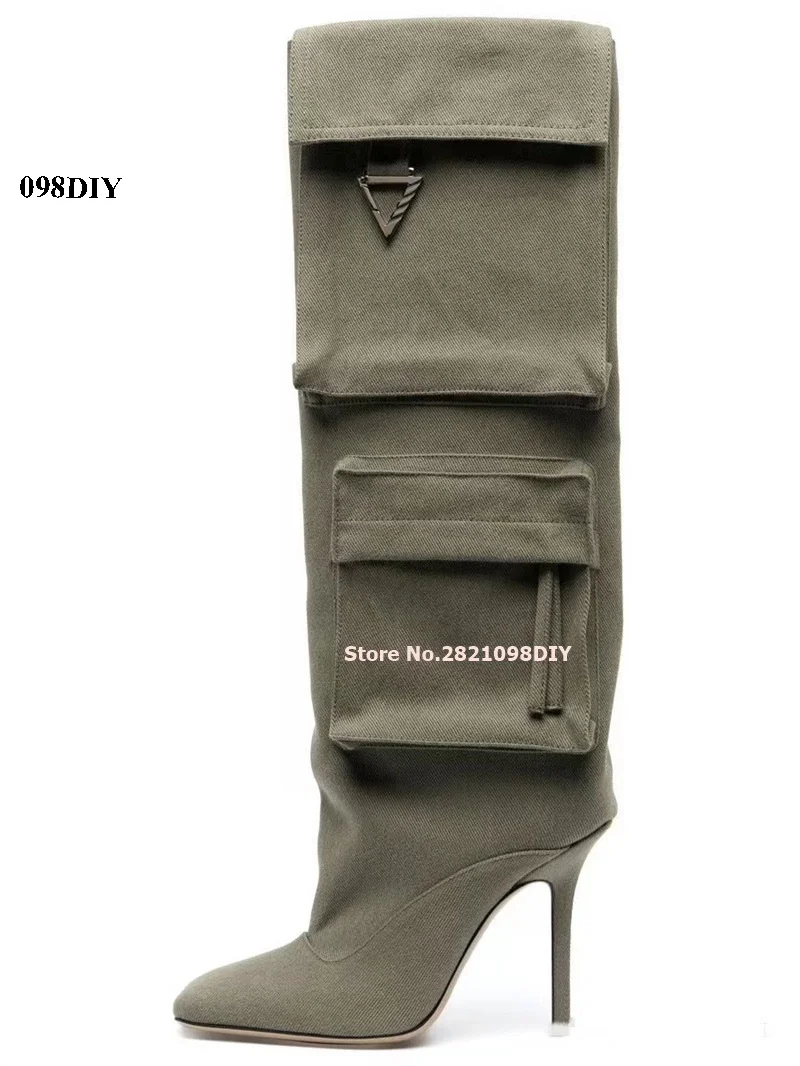 

Military Green Women's Canvas Tall Boots Thin High Heel Pointy Toe Knee Length Boots Women Stiletto High Heeled Pocket Long Bota