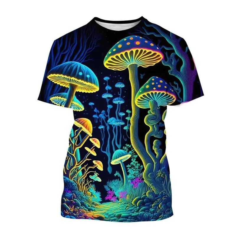 Psychedelic Mushroom Graphic T-Shirt Men Forest Plants 3D Print T Shirts Fashion Casual Round Neck Short Sleeve Unisex Tops Tees