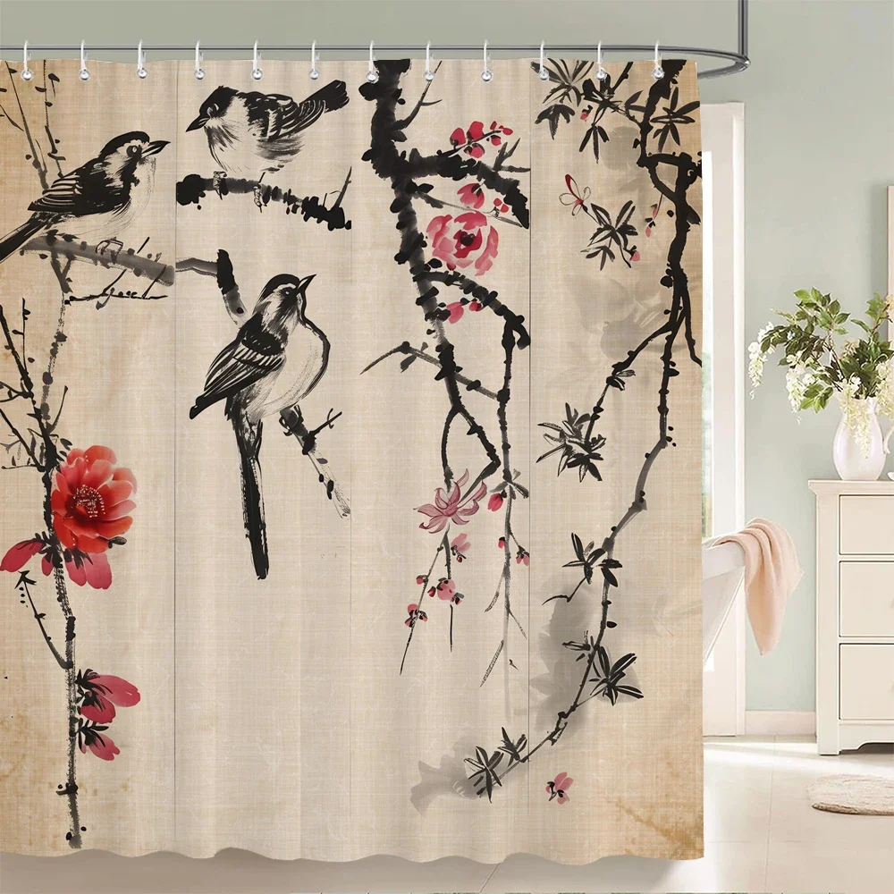 Chinese style plum Blossom Birds Shower Curtain, Texture Fabric  Bathroom Decor Waterproof Flowers Bathroom Curtains with Hooks