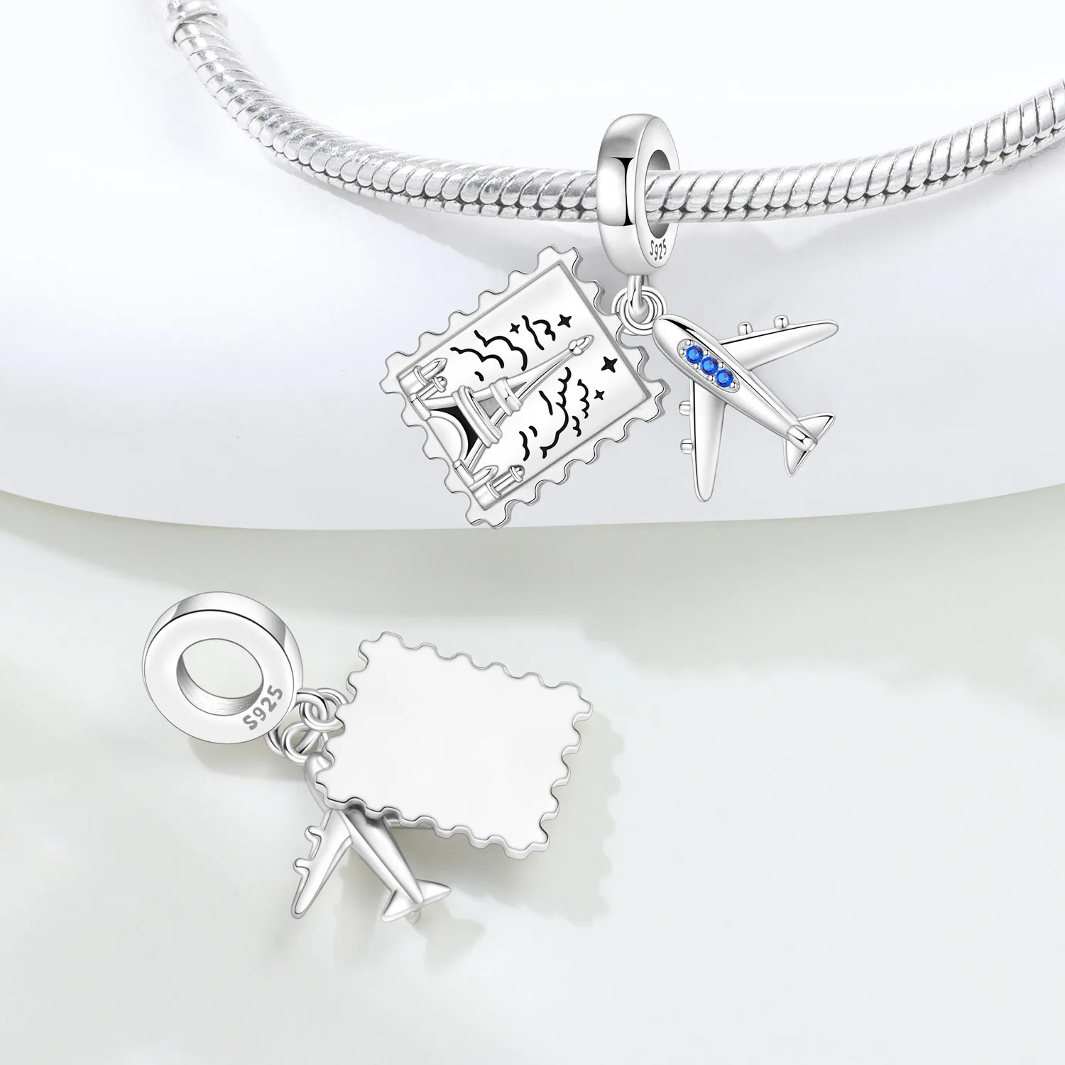 PANPOKI 925 Sterling Silver Eiffel Tower Stamp Airplane Charms Beads Pendant Fit DIY Bracelet Necklace Jewelry Souvenir Gifts