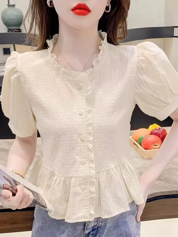 

Slimming Effect V-Ne Bubble Sve Lace Trim ort irt Women's Faion Korean Sle Commute Wind Blouse Summer 2025