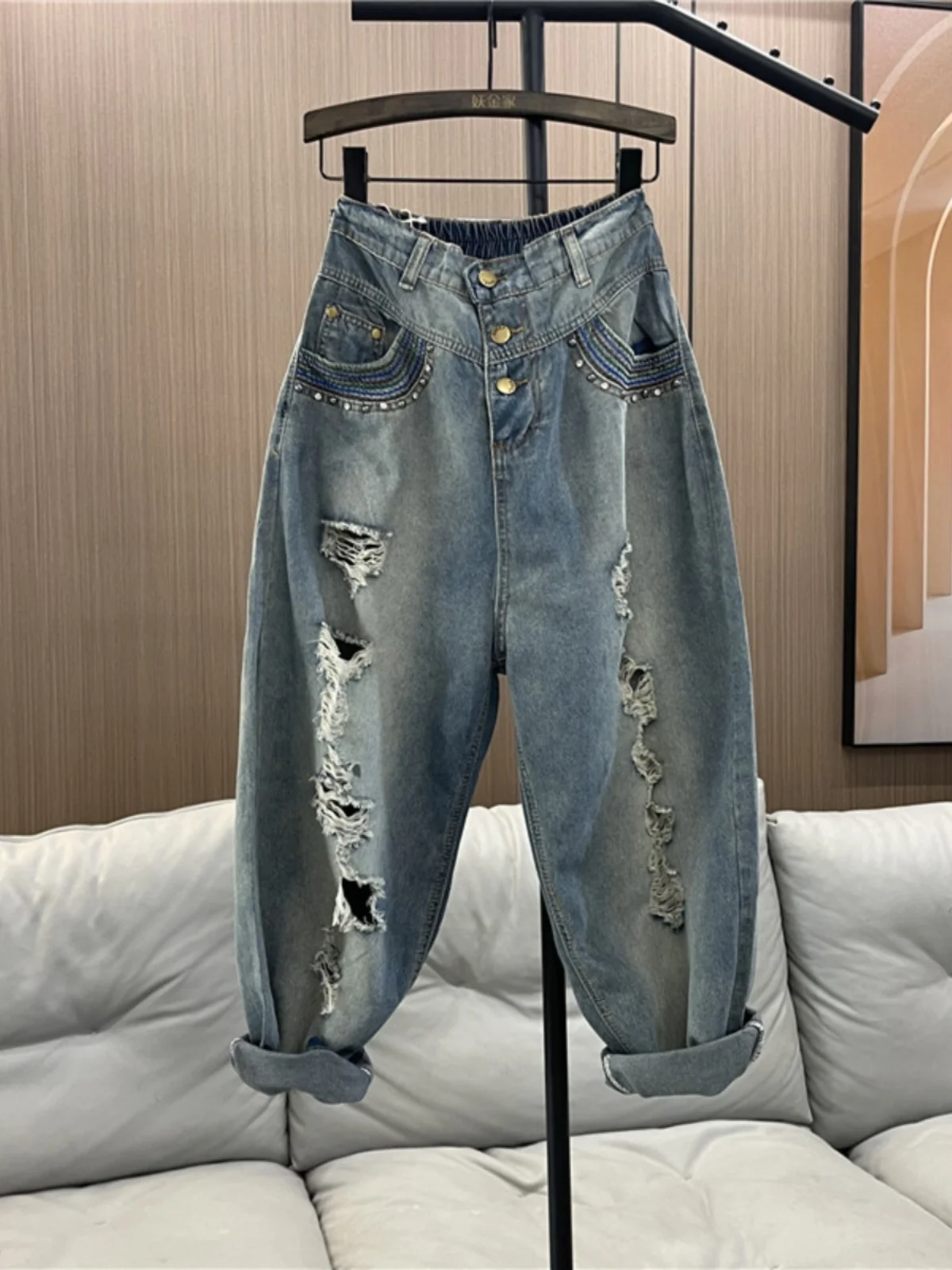 

Personality Straight Ripped Jeans Women's 2024 New High-waisted Button Embroidered Loose Streetwear Ankle-length Harem Pants