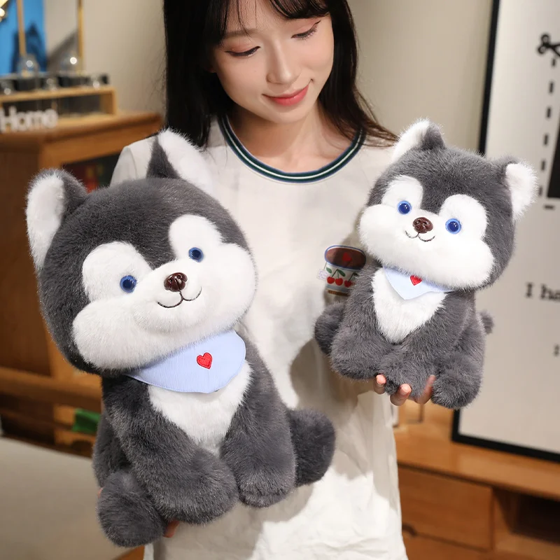45 cm Cartoon Sciarpa blu Animali Husky Bambole di peluche Cane grigio Cuscino di tiro Giocattoli Super Soft Room Decor Simpatici regali di compleanno per i bambini
