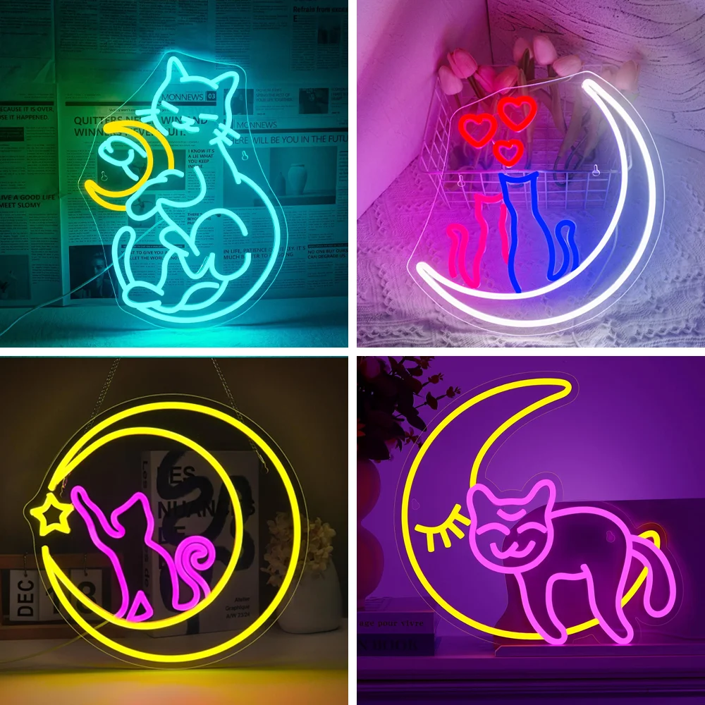 

Moon Neon Sign Dimmable Cat Neon Signs for Wall Decor Blue Cat Neon Light for Bedroom Living Room Wall Art Cat Gift