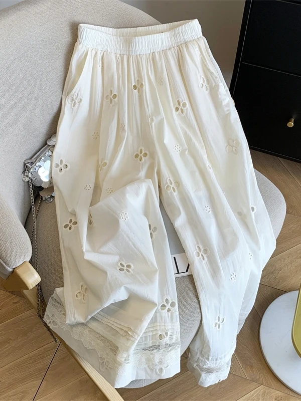 

Элегантные брюки с вышивкой и кружевом, широкие штанины, высокая талия, трикотажная ткань, летняя новинка, повседневные, с цветочным узором, на крючках, женские