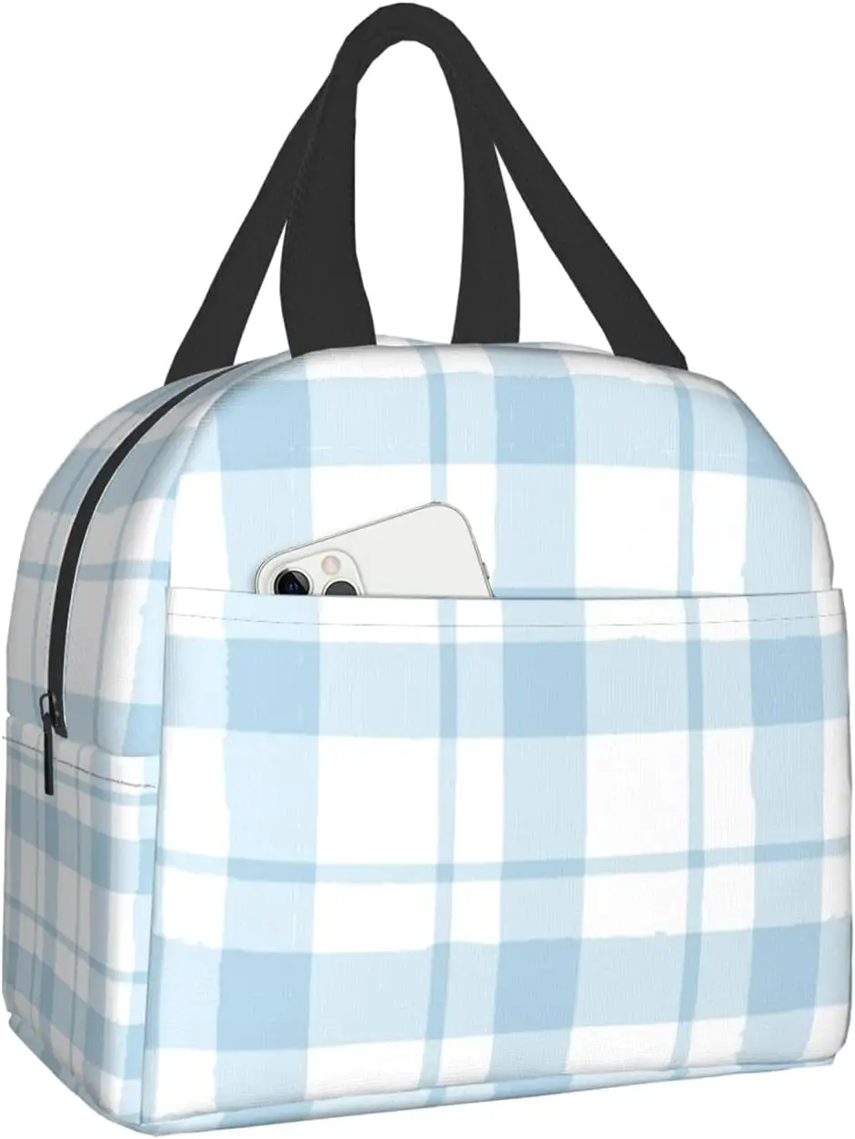 

Lunch Bag Plaid Blue Check Insulated Lunch Bag Thermal Cooler Tote for Adults Work School Picnic Beach Reusable Lunch Box