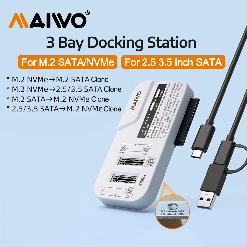 

MAIWO 3 Bay M.2 NVMe/SATA SSD Case for 2.5 " 3.5" HDD SSD Enclosure 10Gbps M2 NVME NGFF SSD Docking Station with Office Clone
