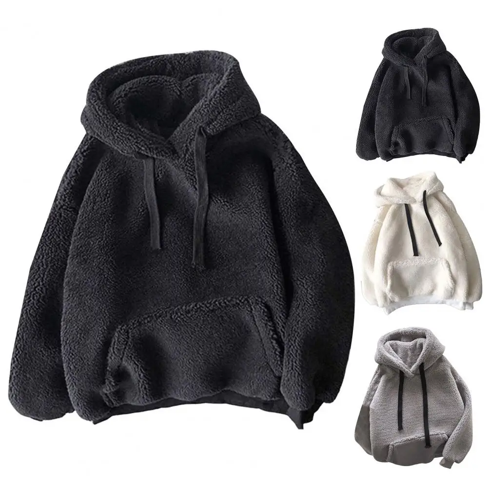 Women Winter Hoodie Solid Color Hooded Long Sleeves Drawstring Patch Pocket Keep Warm Plush Pullover Casual Autumn Hoodie