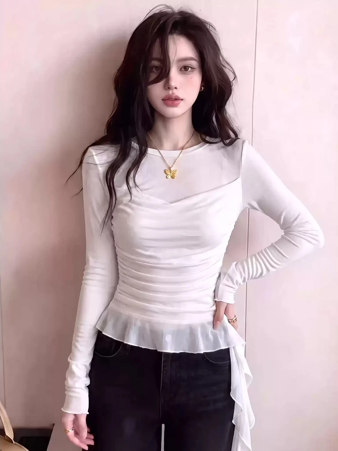 Korean Style Pure Desire Mesh Base Shirt Autumn Waist Cinching Wood Grain  Long Sleeve Atmosphere Sense Top Women's T-shirt