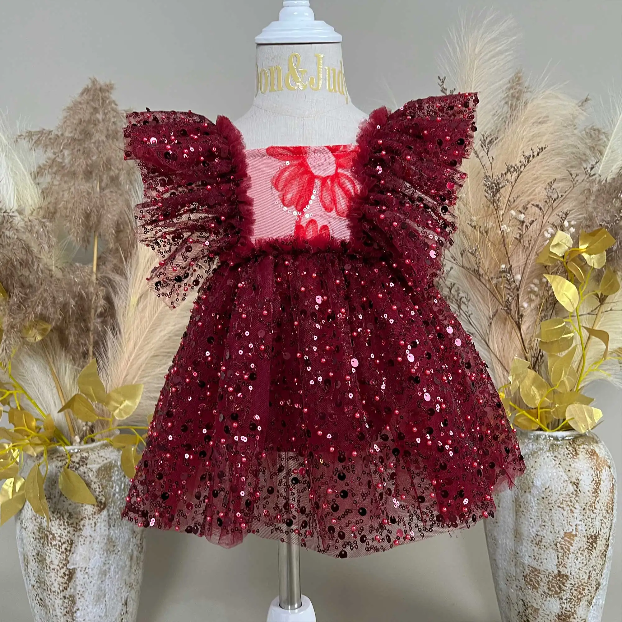 Red wine Gauze Embroidered Sequin Dress Cute Kids' Clothing Little Princess Costume Birthday Party Photography Studio Photo Prop