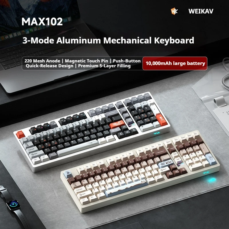 Weikav Max102 Mechanical Keyboard Aluminum Case Tri Mode Connection Wireless Bluetooth Gaming E Sports For Desktop Laptop Pc