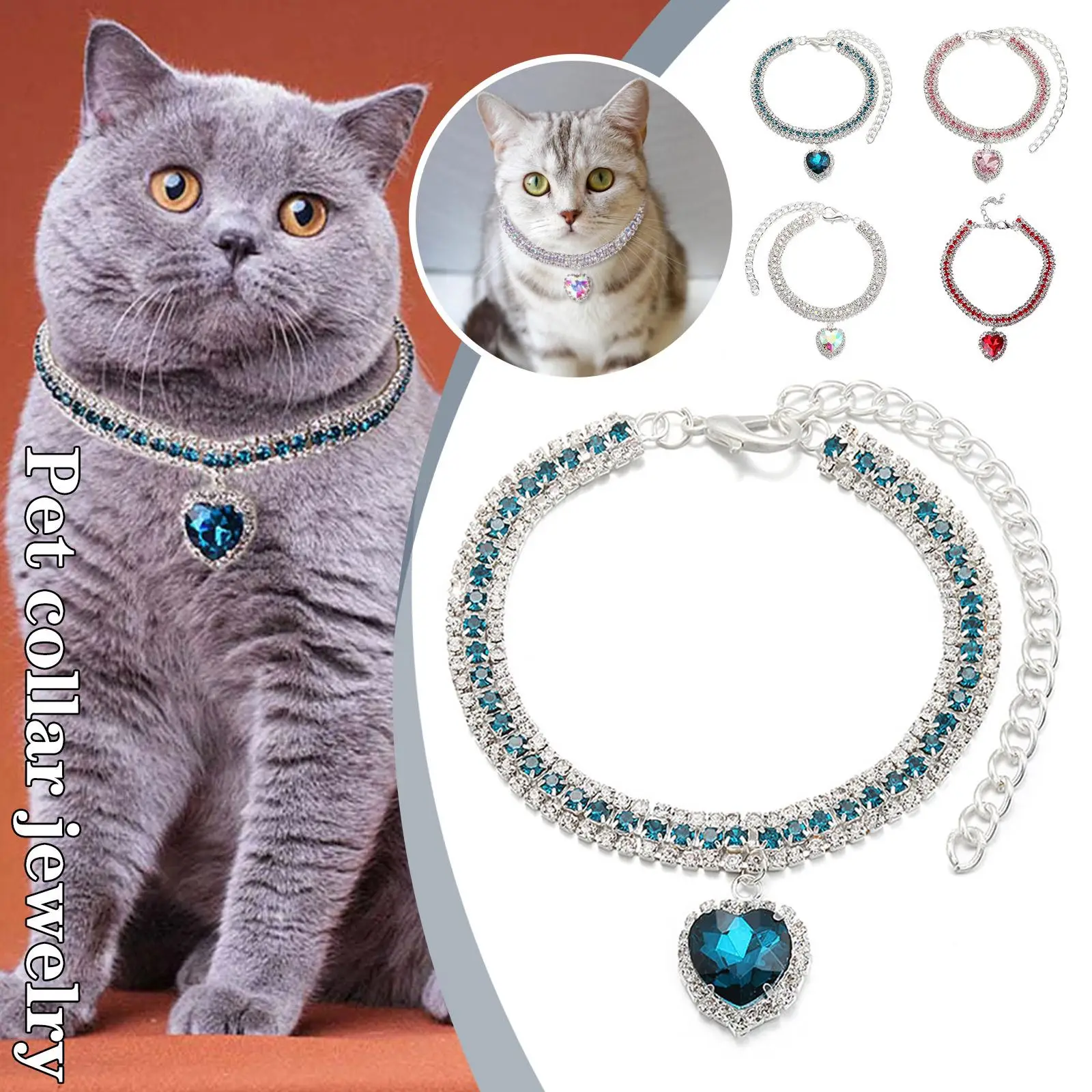 Luxus Kristall Katze Kragen Liebe Anhänger Halskette Haustier Kragen Einstellbare Kleine Hund Katze Hals Ring Strass Kragen Haustier Zubehör – Detail 2