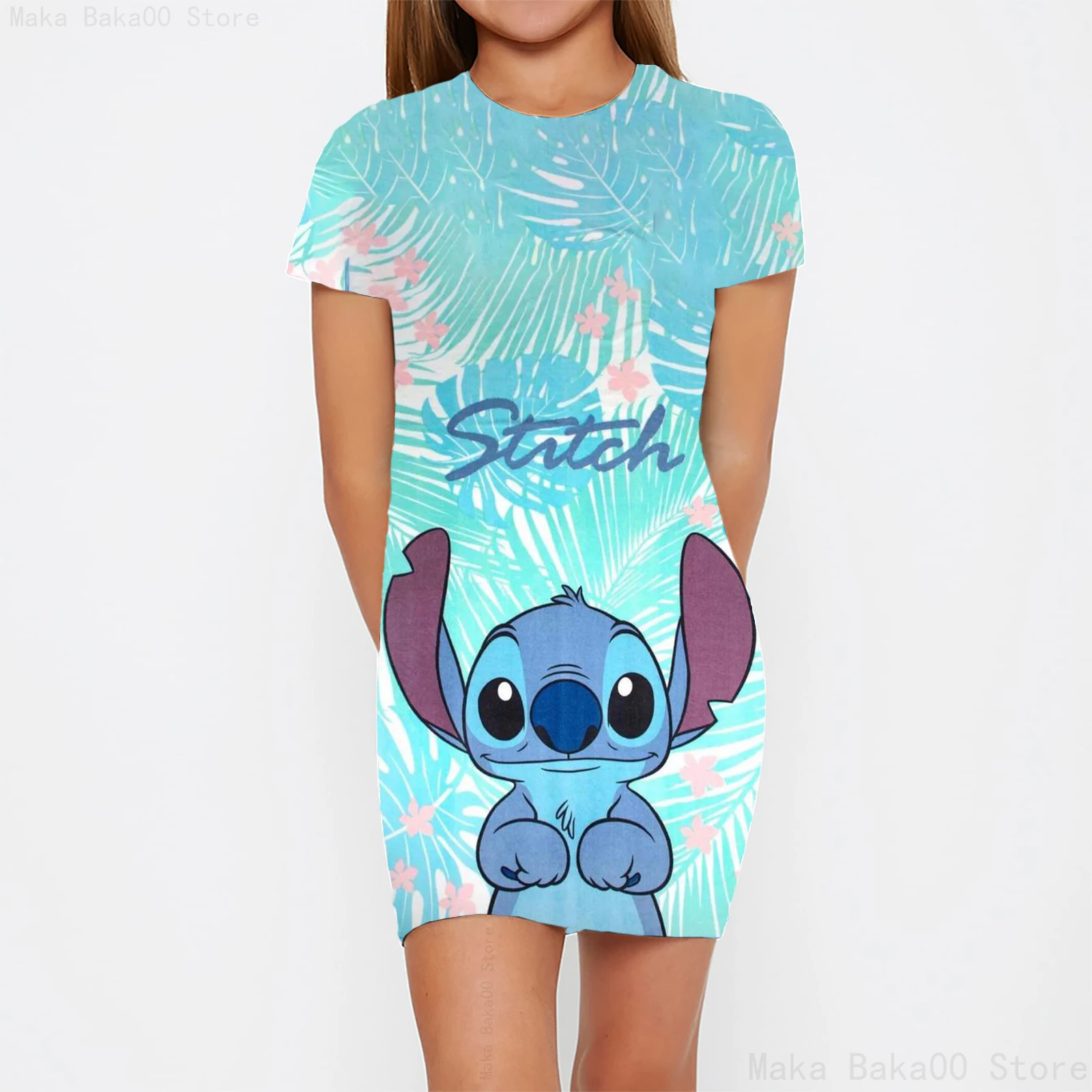 

Новая одежда для девочек Disney Stitch, летнее детское облегающее платье с принтом, юбка с короткими рукавами для девочек в стиле каваи, аниме