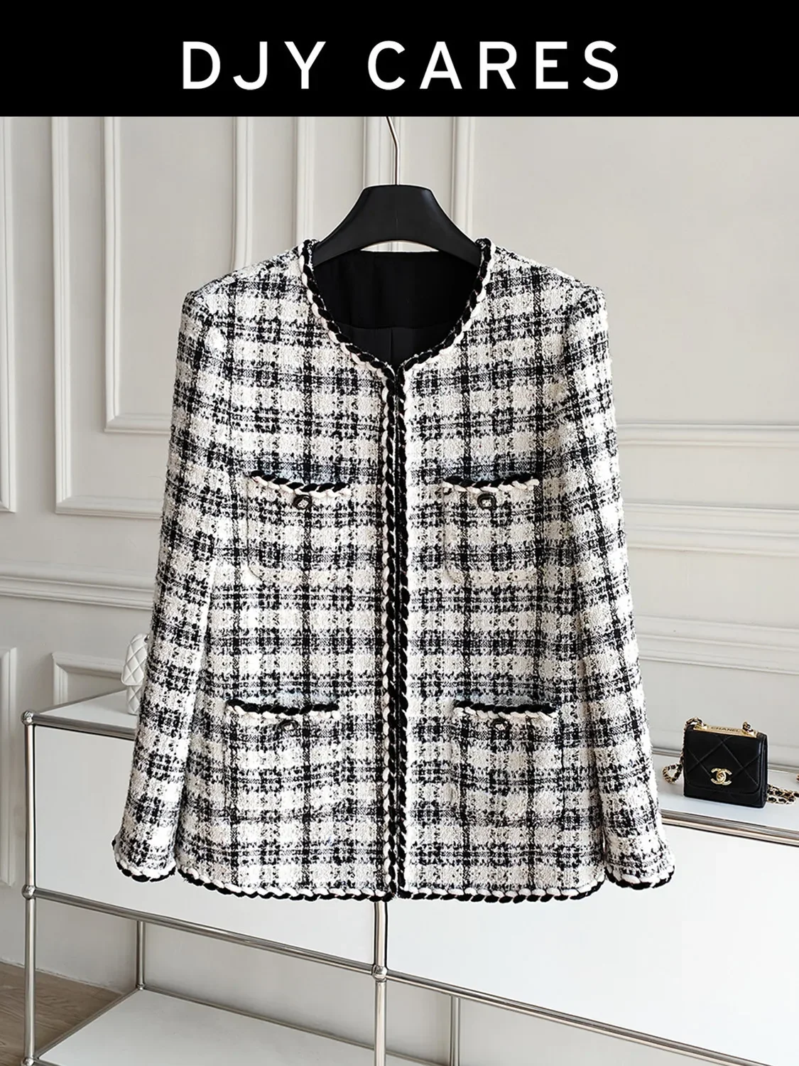 New Elegant four pocket design, mid length tweed fashion jacket big size