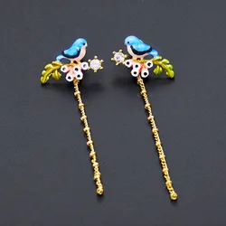 Fashion Cute Little 3D Bird Cute Elegant Bird Flower Earring For Women Enamel Glaze Copper Jewelry Female Ear Accessories Gift