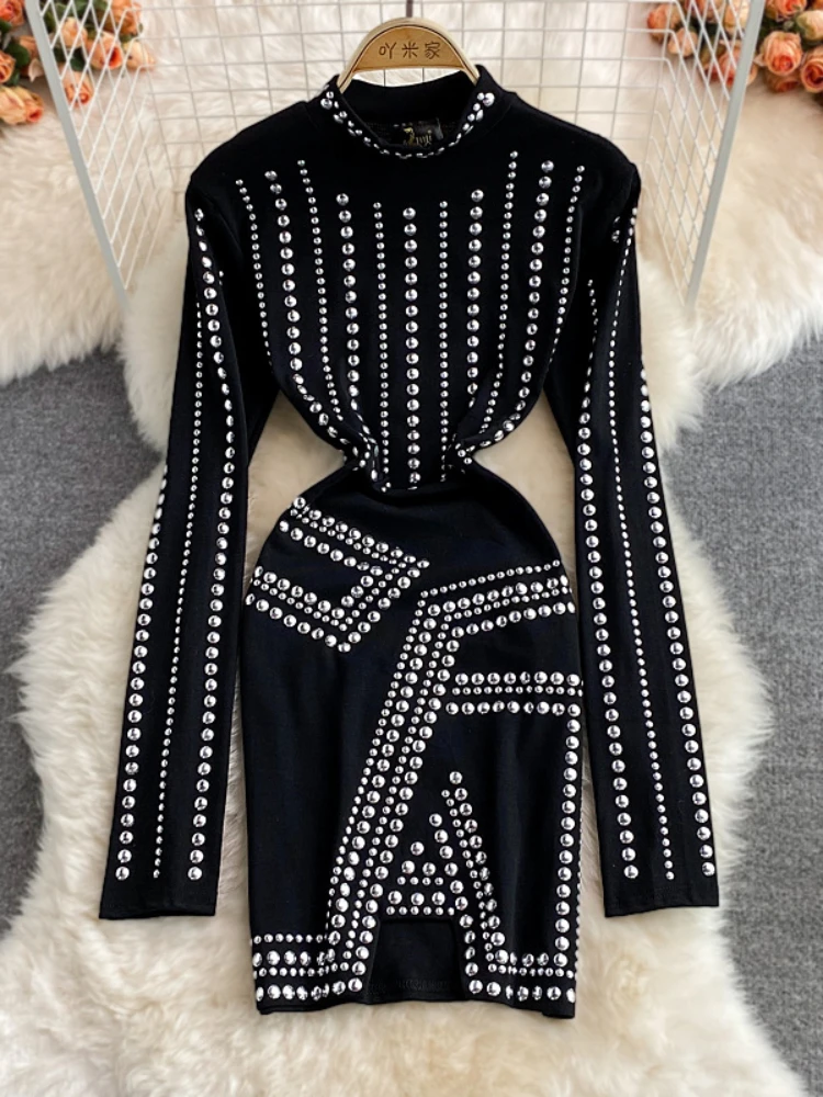 

Spring Autumn Retro Sexy Club Party Dress Women Diamond Stand Neck ElasticSplit Long Sleeved Bodycon Dresses Elegant Black Robe