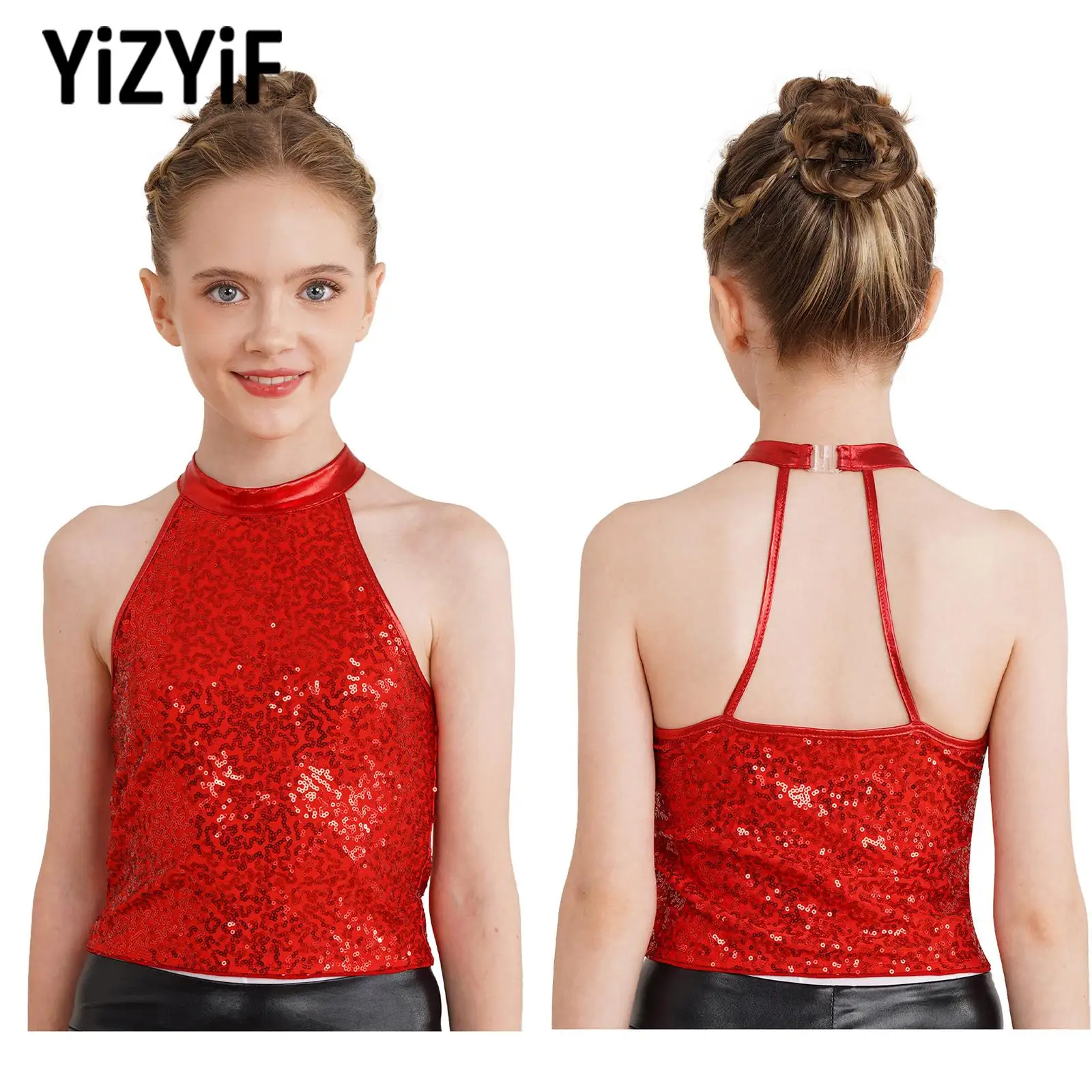 Stylish Kids Girls Jazz Dance Gymnastics Clothes Top Sleeveless Shiny Crop Top Stage Cheerleading Performance Costume Dancewear