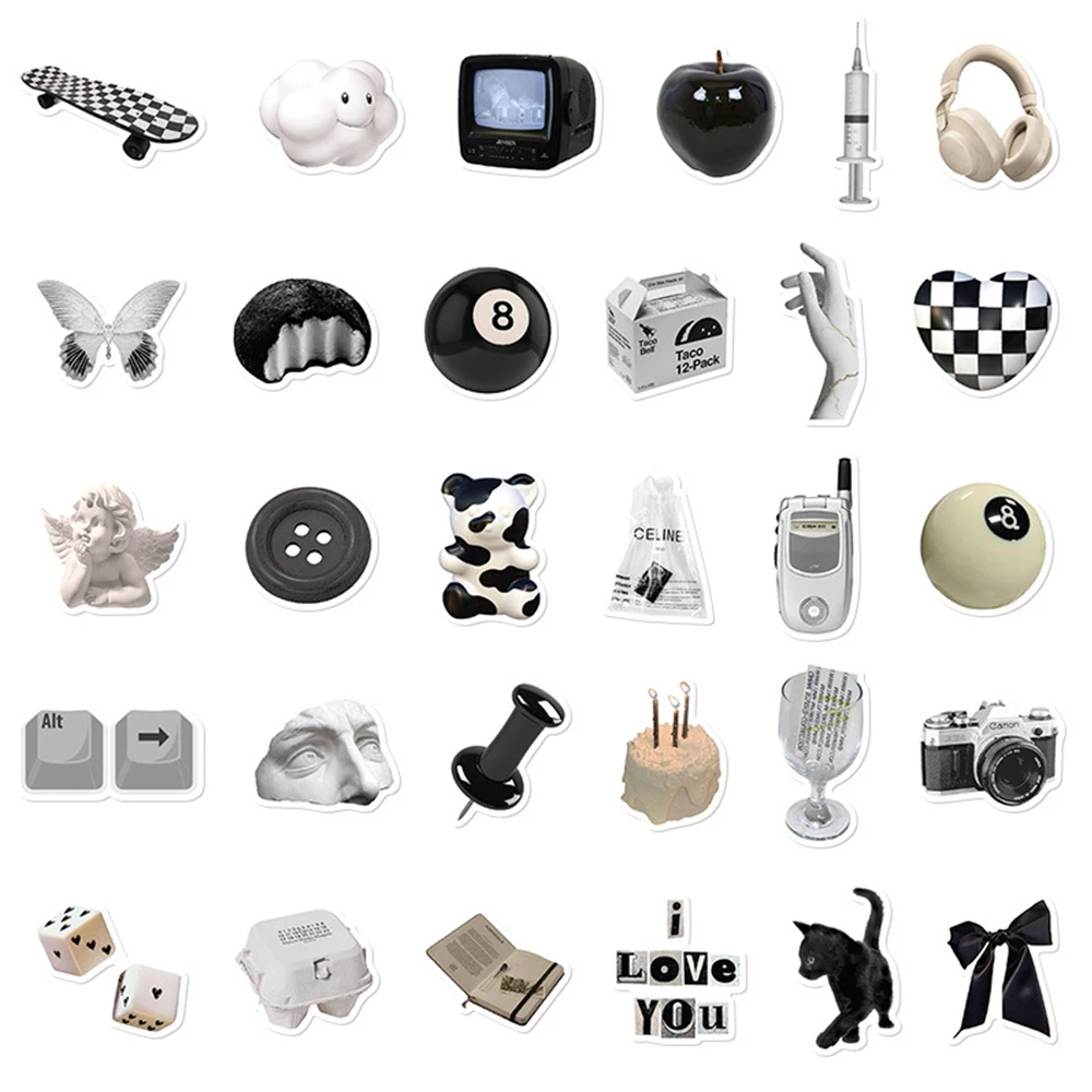 10/30/61 Uds. Pegatinas bonitas de estilo Simple Ins en blanco y negro, pegatina estética de dibujos animados, botella de agua, pegatinas para teléfono y cuaderno, decoración