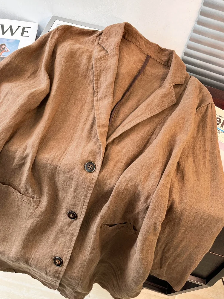Retro Cotton Linen Suit Jacket Women's Spring Autumn Loose Casual Long Sleeve V-neck Outerwear Linen Small Western Style Top