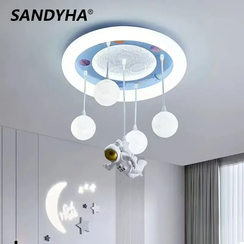 

SANDYHA Nordic Ring Ceiling Light Astronaut Moon Resin Design Led Lamp for Children's Bedroom Decoration Study Lighting Fixtures
