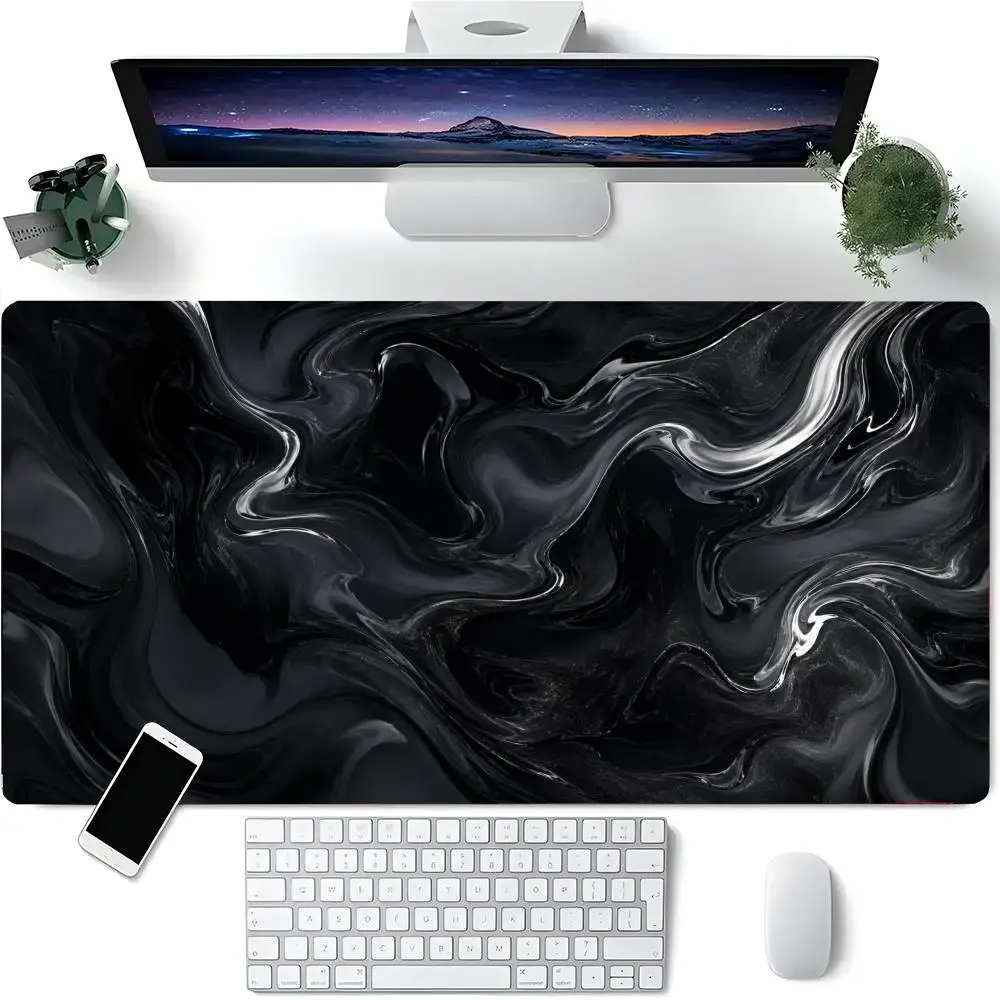 Dark Grey Fluid Swirl Marble Texture Modern Abstract Art Large Gaming Mouse Pad Wear Resistant Non Slip Desktop Pad