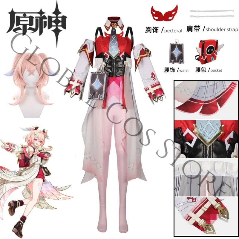 

Game Charecter Linnea Pink Suit Cosplay Costume Wig Red Backpack, Book Prop & Detailed Sleeve Prints Full Set Party Roleplay