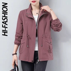 Chaqueta de doble capa con forro para mujer, cortavientos con cordón en la cintura, cuello levantado, talla grande, primavera y otoño, estilo coreano, alta moda