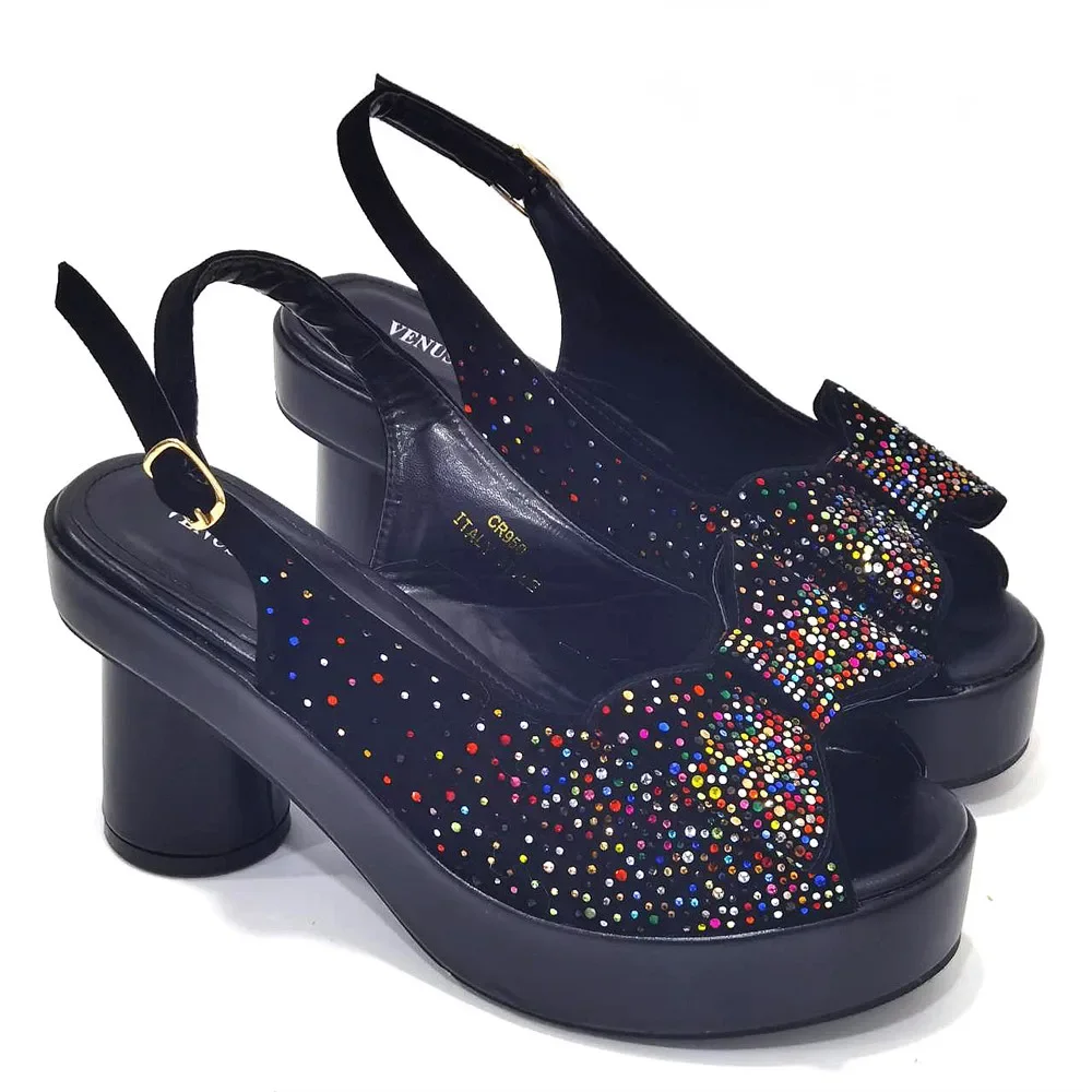 Elegante Schwarze Damen-Sandalen mit Blockabsatz, Plateau, Peeptoe und Strass-Verzierung & Clutch-Tasche Set für Hochzeit, Party und Abendveranstaltungen – Detail 15