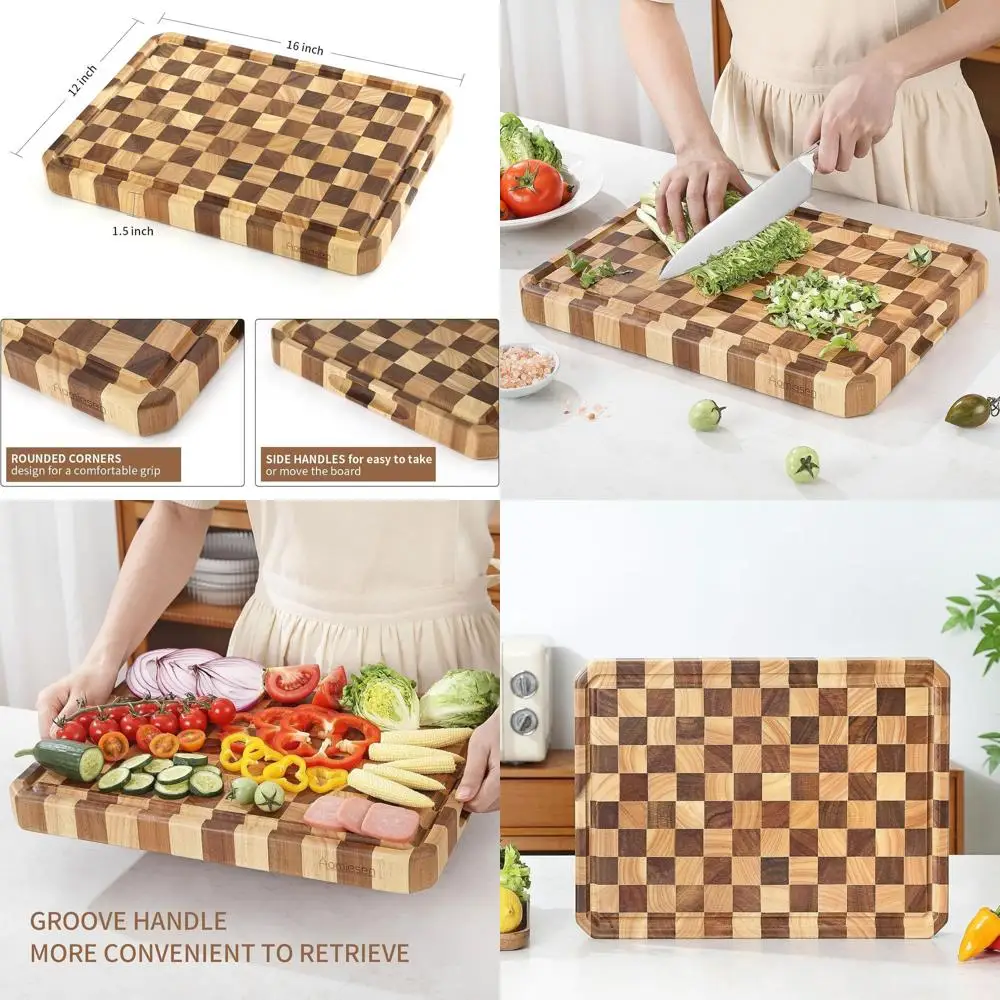 

Large Kitchen Cutting Board with Juice Grooves and Checkered Design for Cheese and Charcuterie