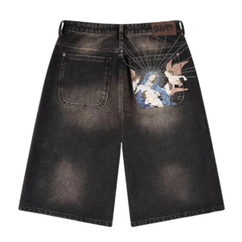 Deeptown Vintage Embroidery Jorts Black Gothic Man Women Short Jeans Baggy Harajuku Goth Graphic Distressed Hip Hop Denim Shorts view 5