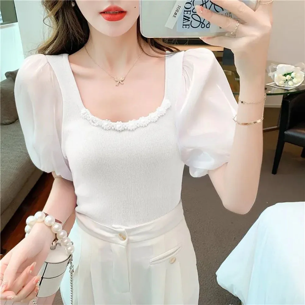 Retro Beading Square Neck Shirt For Women Summer Sweet Gauze Bubble Sleeve Knited Spliced Short Tops Women\'s T-shirt Casual Tees