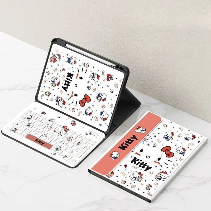 

Беспроводная Bluetooth-клавиатура Kawaii Hello Kitty Cat с чехлом для планшета для iPad 11-го поколения A16, 10-го, 9-го поколений, Air 6/7, Pro 11 дюймов, Mini 7, 8.3 дюйма