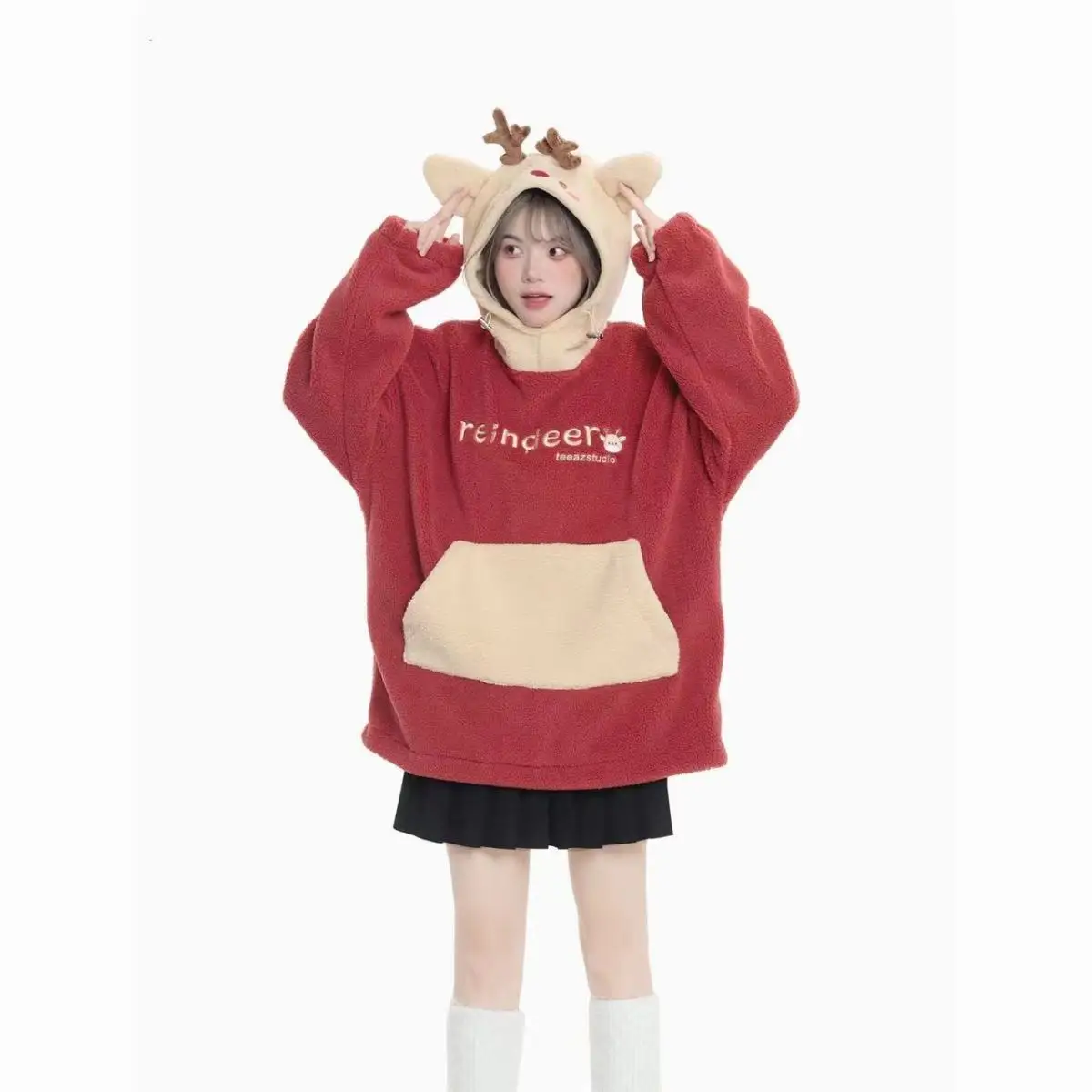 2023 Christmas New Cute Elk Hooded Sweatshirt Autumn Winter American Contrasting Loose Lambswool Hoodie winter clothes women