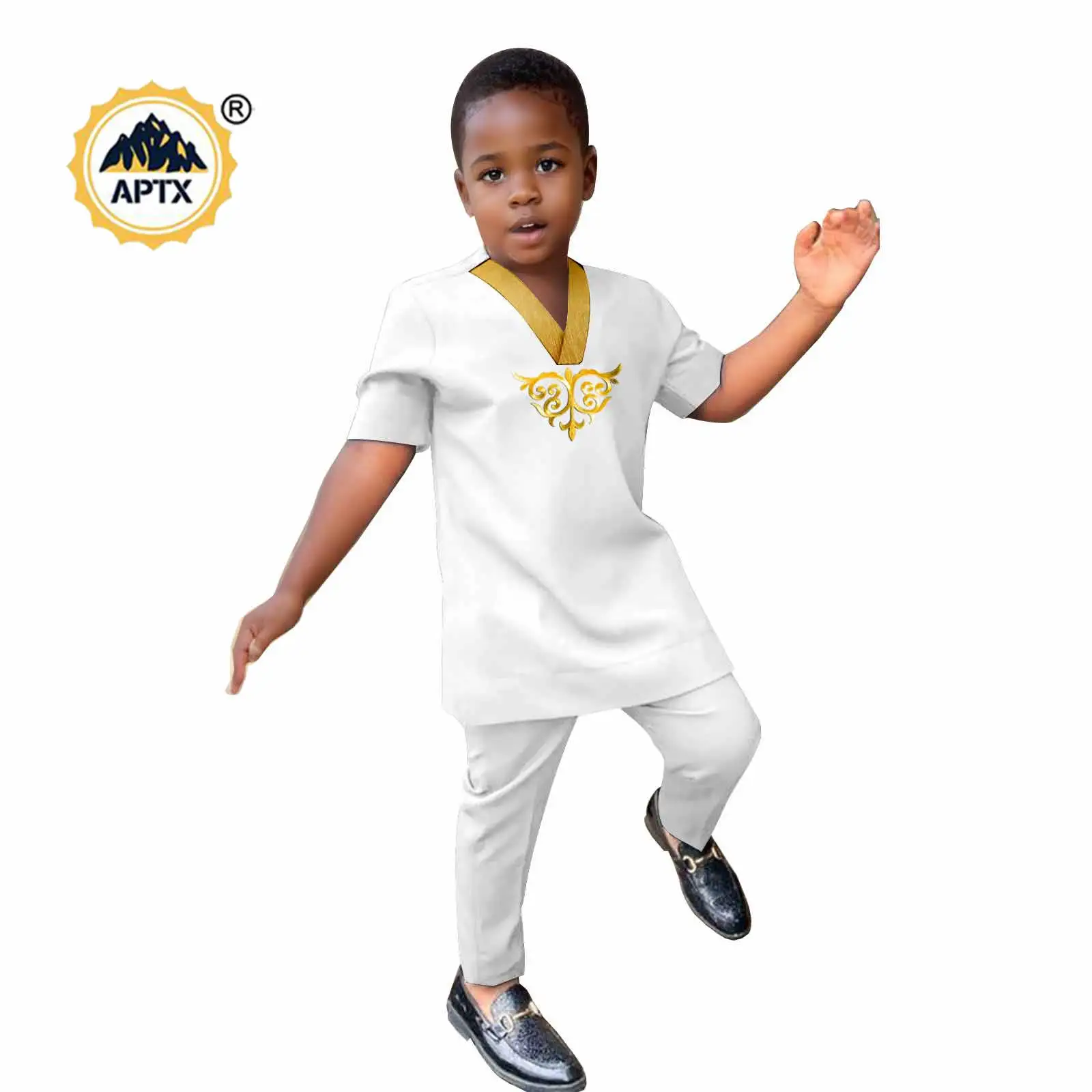 African Clothes for Boy Appliques V-neck Top and Pant 2 Pieces Sets Bazin Riche Summer Kids Children Bright Silk Outfits 2446062