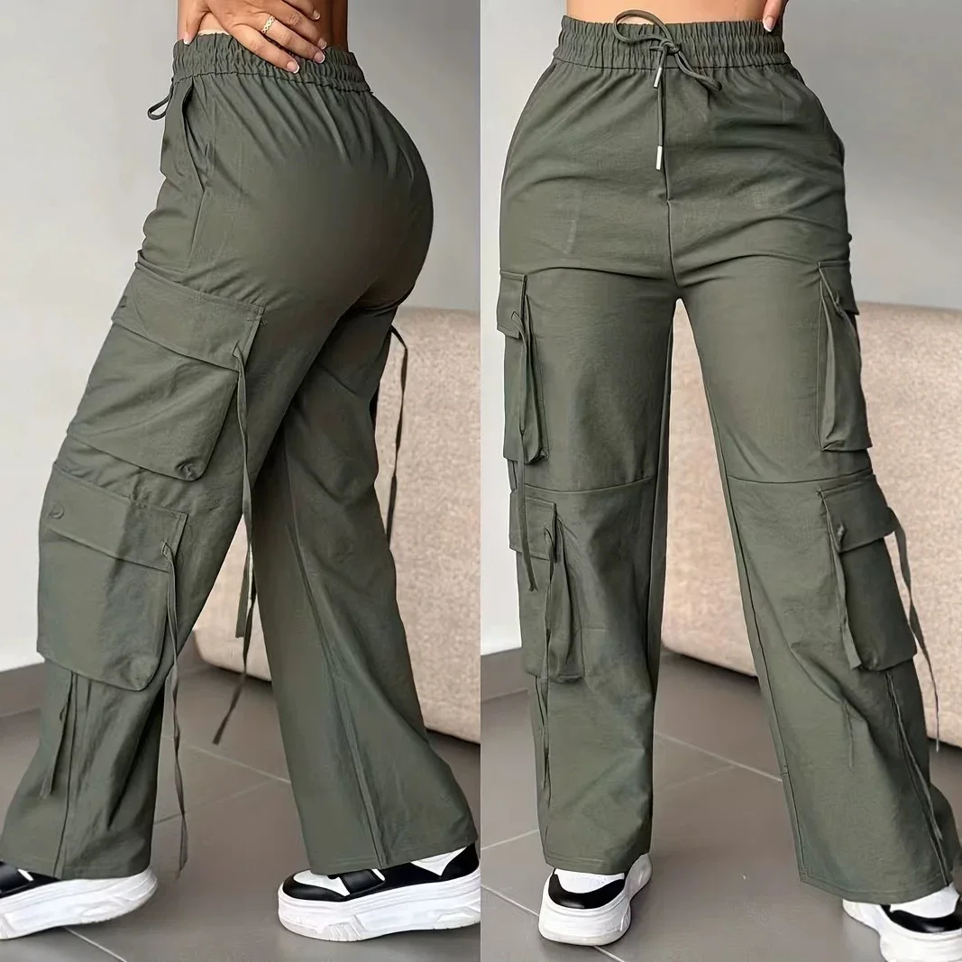Women's Multi-pocket Drawstring Elastic Waist Overalls Wide Leg Pants Casual Straight Pants Trousers