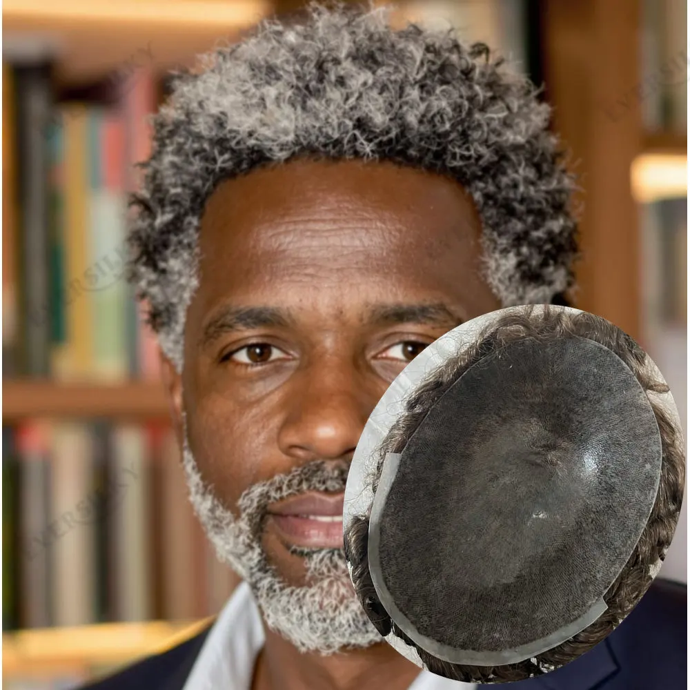 

6mm Afro Hairstyle Men's Wigs Human Hair Undetectable1b50Gray Black Durable Skin Base Male Prosthesis Natural Hairline Curly Wig