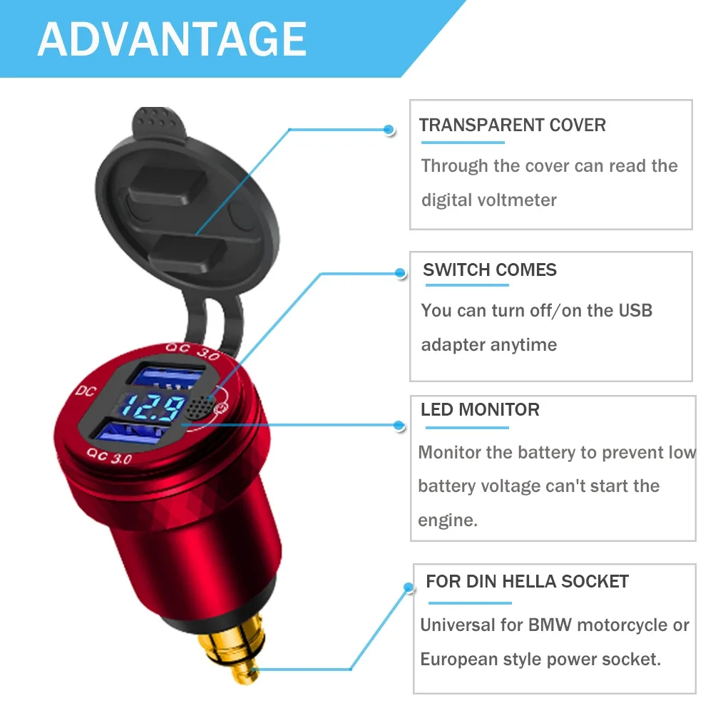 R1200RT Motorcycle Charger With Switch QC 3.0 USB PD Type-C Accessories For BMW R1200GS R1250GS ADV F800GS F800GT DIN Hella Plug