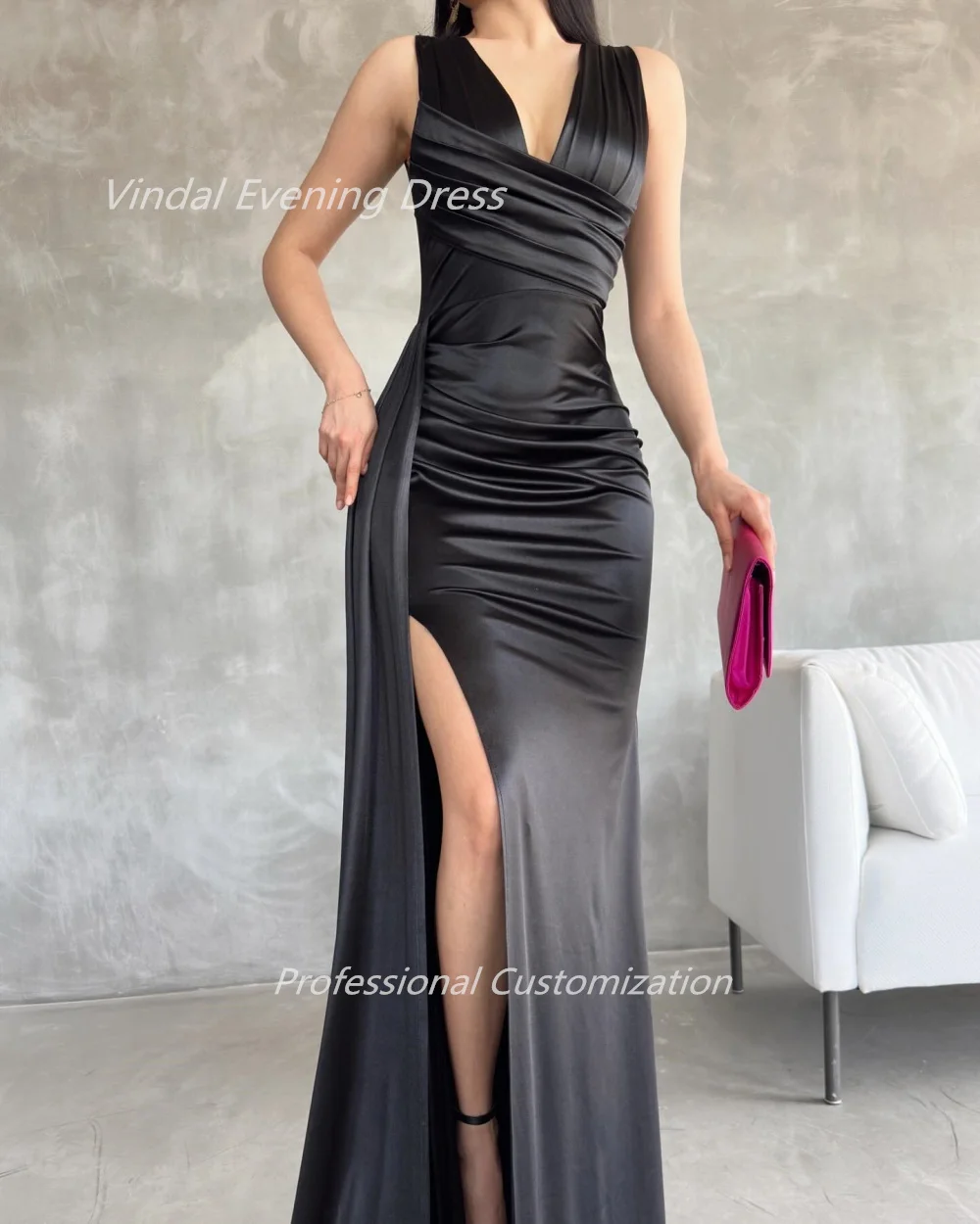 Vindal Evening dresses Crepe Mermaid Pleat  V-Neck Floor-Length Sleeveless Morden-Style High-Quality Sexy السعود For Woman 2024