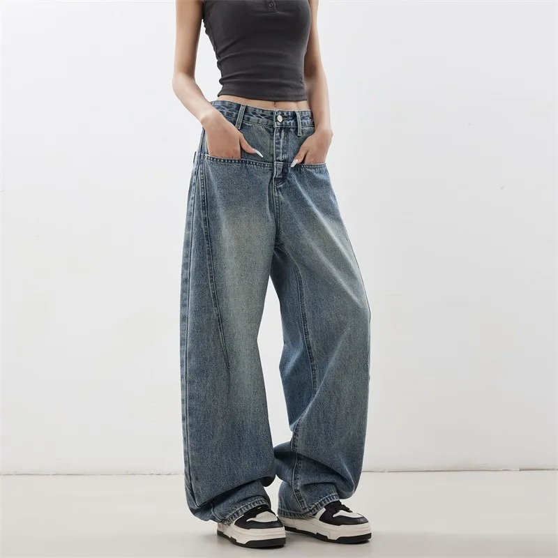 American Style Blue Scimitar Jeans For Women 2025 Autumn Winter Loose Pants Design High-Waist Wide-Leg Trousers New Model