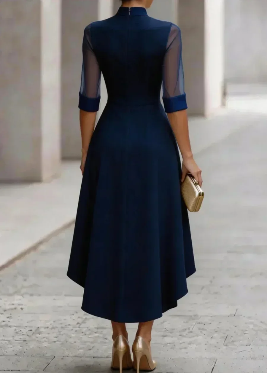 Damenkleid mit hohem Kragen, Midi-Länge, transparentem Netzstoff, 3/4-Ärmeln, asymmetrischem Saum, A-Linie, elegantes Partykleid für formelle Anlässe. – Detail 6
