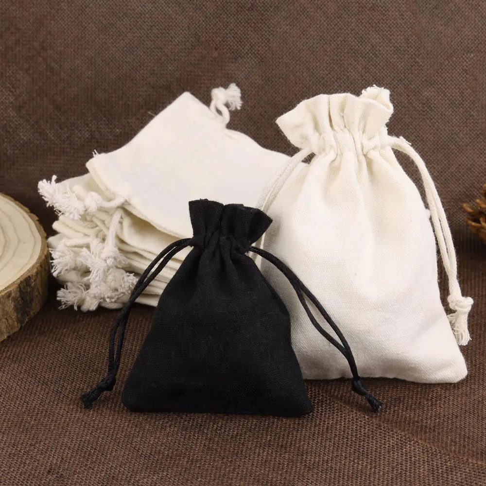 5pcs/10pcs 8x10cm 10x14cm 12x15cm Canvas Cotton Gift Packing Bags White Black Natural Cotton Drawstring Pocket Storage Sachet